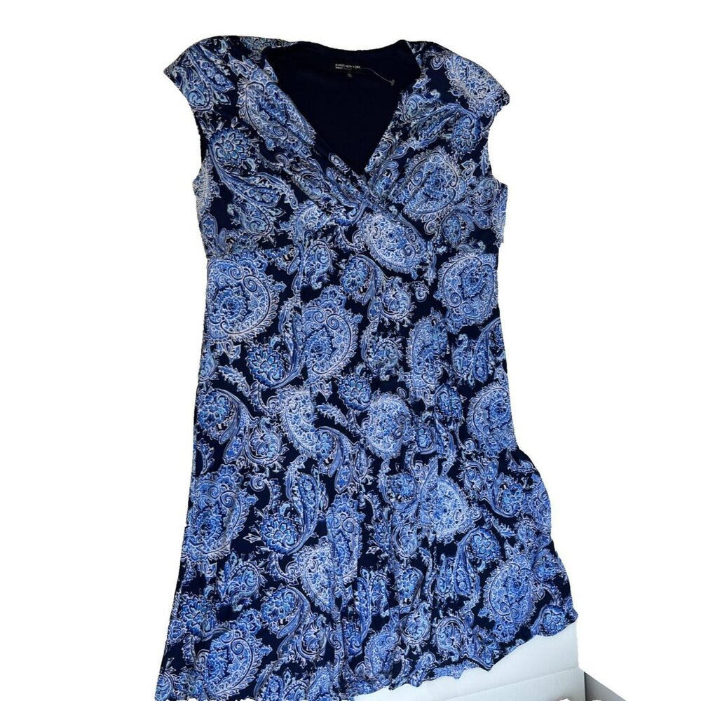 Jones New York Blue Paisley Sleeveless V Neck Sheath Dress 22W Padded Shoulders